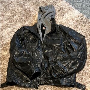 Men's Black Leather Jacket with Gray Hood